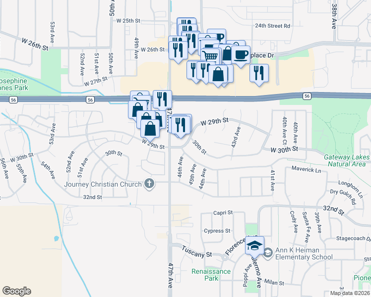 map of restaurants, bars, coffee shops, grocery stores, and more near 4904 West 30th Street Road in Greeley