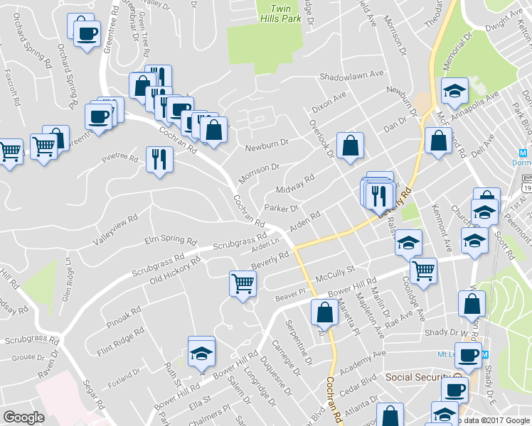 map of restaurants, bars, coffee shops, grocery stores, and more near 451 Parker Drive in Pittsburgh