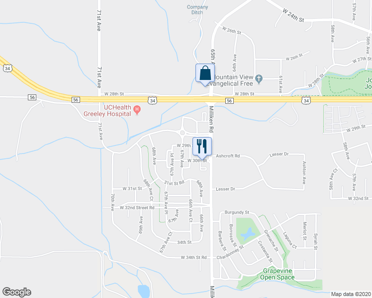map of restaurants, bars, coffee shops, grocery stores, and more near 2914 67th Avenue in Greeley