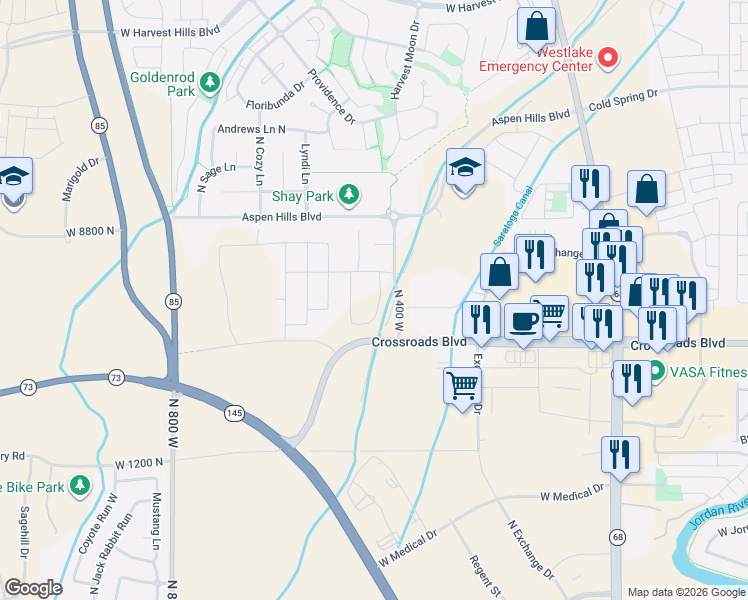 map of restaurants, bars, coffee shops, grocery stores, and more near 1473 North Starry Way in Saratoga Springs