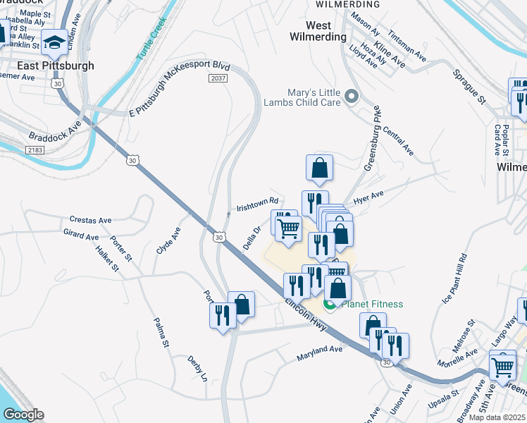 map of restaurants, bars, coffee shops, grocery stores, and more near 600 Della Drive in North Versailles