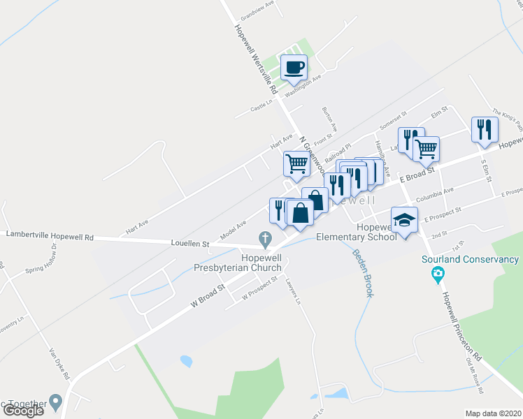 map of restaurants, bars, coffee shops, grocery stores, and more near 54 Model Avenue in Hopewell