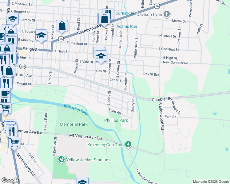 map of restaurants, bars, coffee shops, grocery stores, and more near 806 East Gambier Street in Mount Vernon