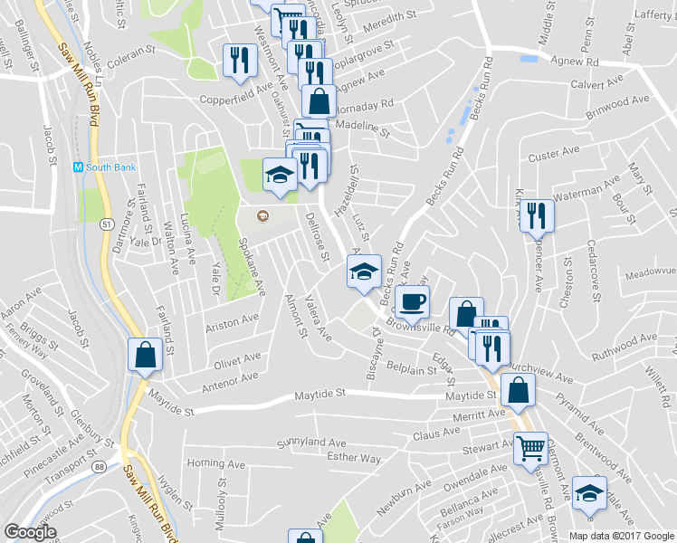 map of restaurants, bars, coffee shops, grocery stores, and more near 9 Overbrook Boulevard in Pittsburgh