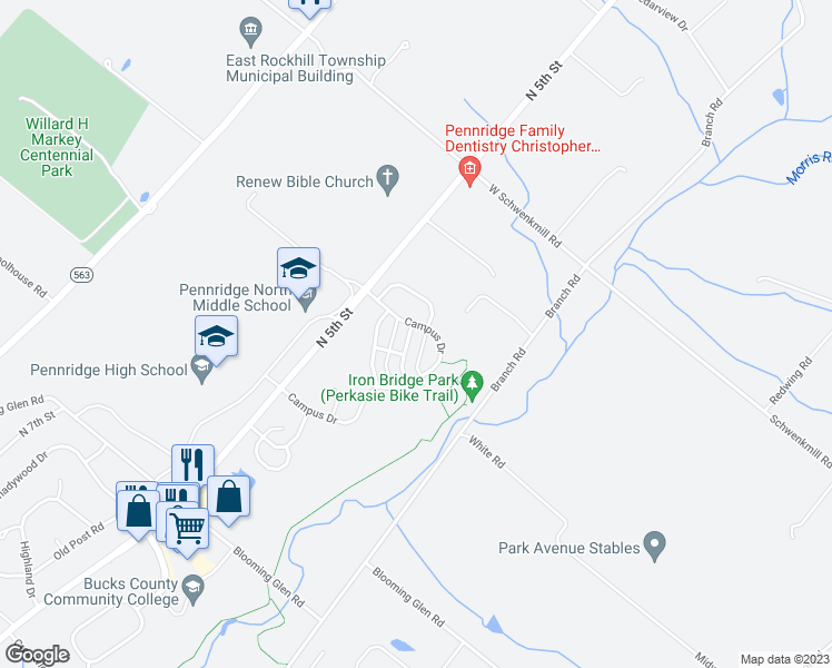map of restaurants, bars, coffee shops, grocery stores, and more near 6 Bryant Drive in Perkasie