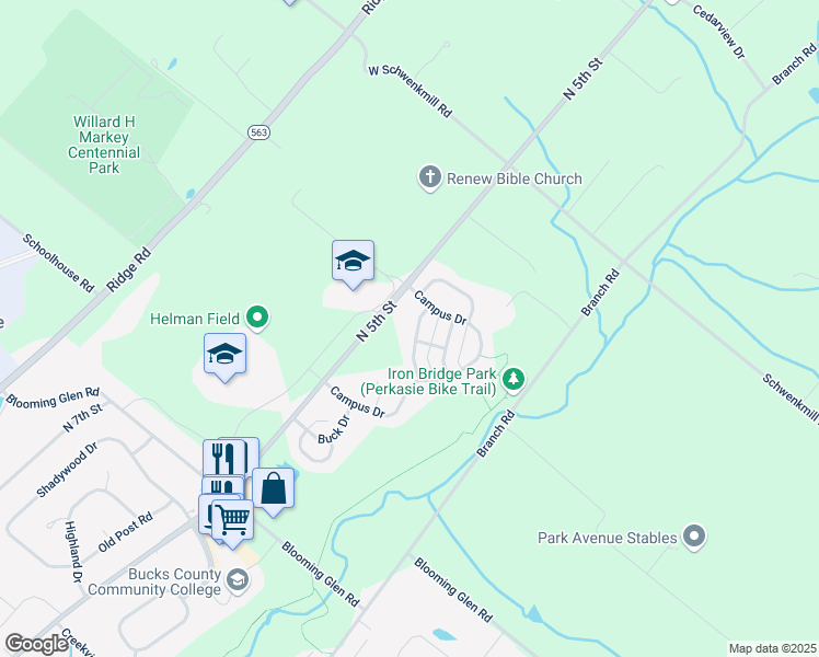 map of restaurants, bars, coffee shops, grocery stores, and more near 122 Sunnyside Lane in Perkasie