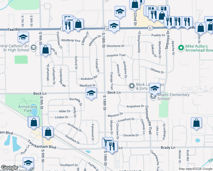 map of restaurants, bars, coffee shops, grocery stores, and more near 2600 Cayuga Trail in Lafayette