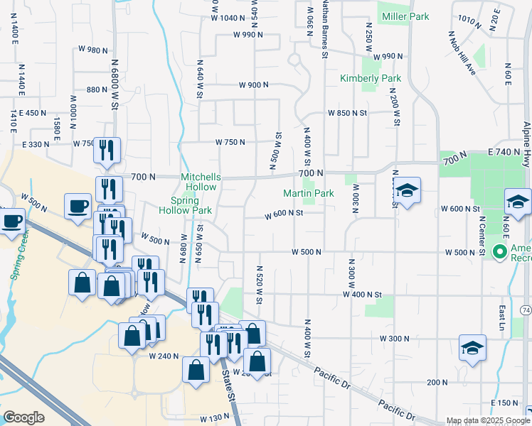 map of restaurants, bars, coffee shops, grocery stores, and more near 516 West 600 North Street in American Fork