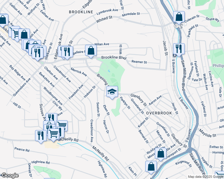 map of restaurants, bars, coffee shops, grocery stores, and more near 1563 Breining Street in Pittsburgh