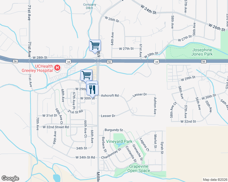 map of restaurants, bars, coffee shops, grocery stores, and more near 6349 Ashcroft Road in Greeley