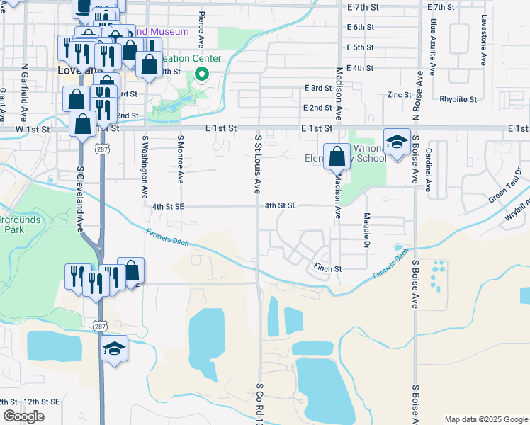 map of restaurants, bars, coffee shops, grocery stores, and more near 1104 Finch Street in Loveland