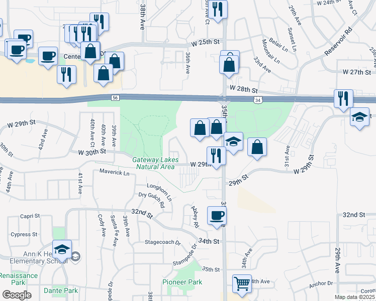 map of restaurants, bars, coffee shops, grocery stores, and more near 2833 28th Street Road in Greeley