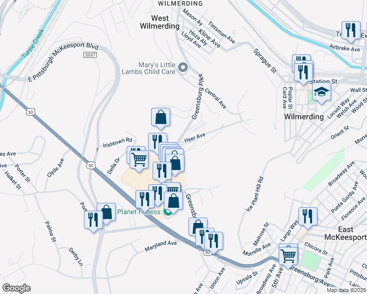 map of restaurants, bars, coffee shops, grocery stores, and more near 998 Greensburg Pike in North Versailles