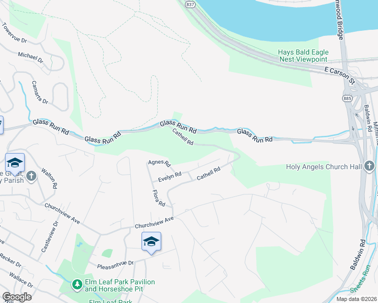 map of restaurants, bars, coffee shops, grocery stores, and more near 1703 Cathell Road in Pittsburgh