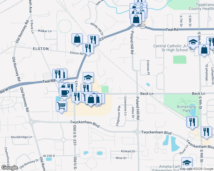 map of restaurants, bars, coffee shops, grocery stores, and more near 302 Beck Lane in Lafayette
