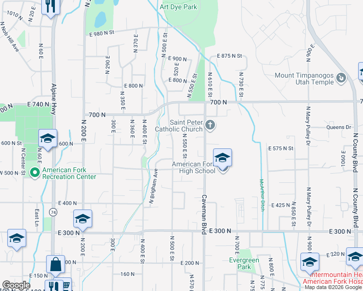 map of restaurants, bars, coffee shops, grocery stores, and more near 583 North 550 East Street in American Fork