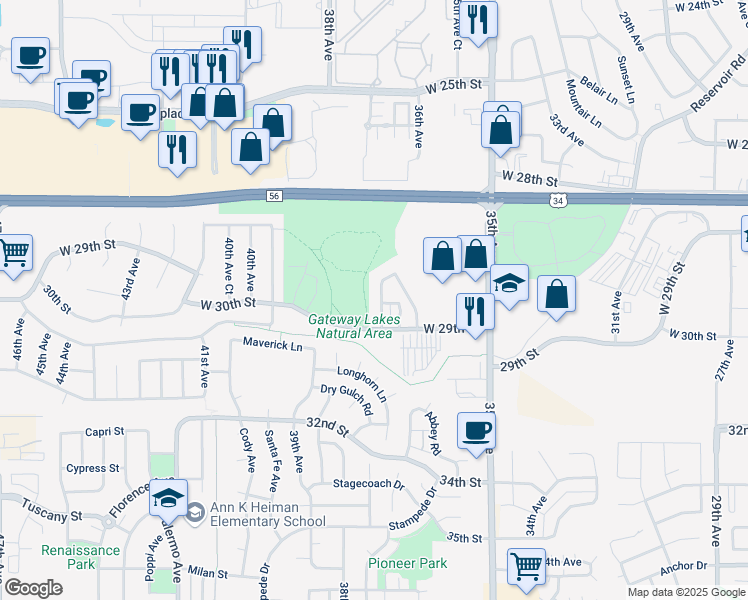 map of restaurants, bars, coffee shops, grocery stores, and more near 3639 West 29th Street in Greeley