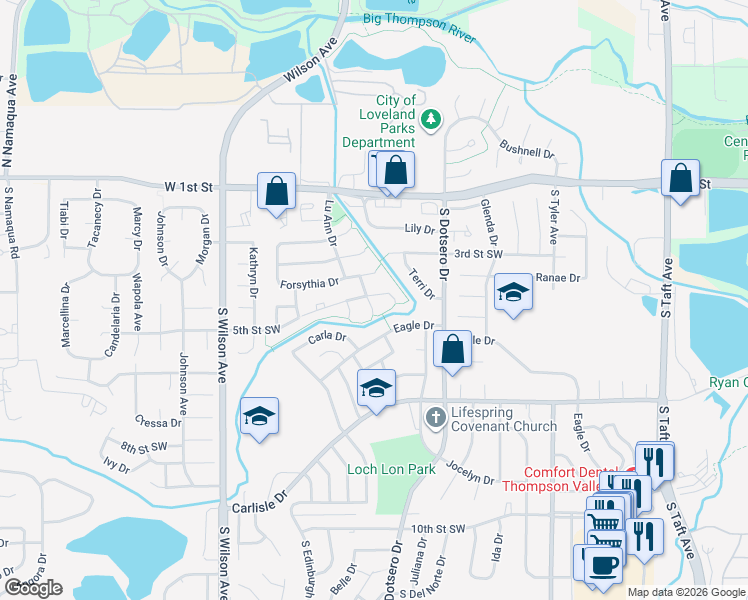 map of restaurants, bars, coffee shops, grocery stores, and more near 458 Natasha Court in Loveland