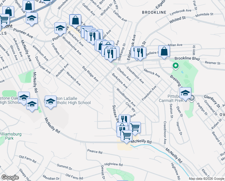 map of restaurants, bars, coffee shops, grocery stores, and more near 1059 Bay Ridge Avenue in Pittsburgh