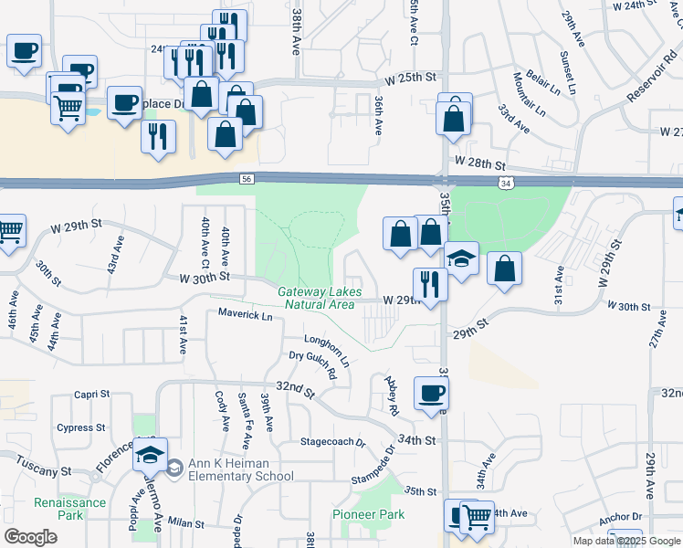 map of restaurants, bars, coffee shops, grocery stores, and more near 3639 West 29th Street in Greeley