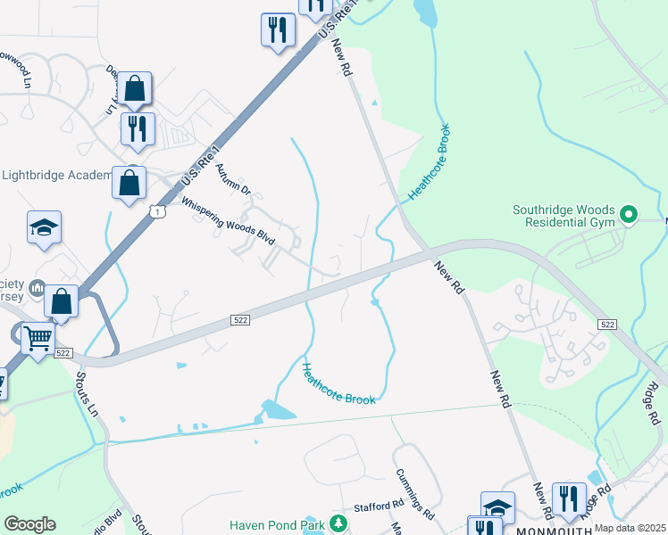 map of restaurants, bars, coffee shops, grocery stores, and more near 7491 Elm Court in South Brunswick Township
