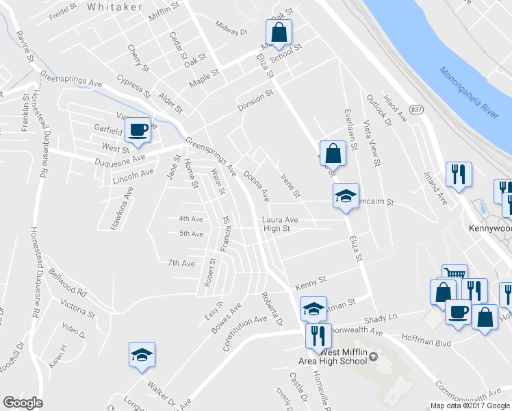 map of restaurants, bars, coffee shops, grocery stores, and more near 4105 Greensprings Avenue in West Mifflin