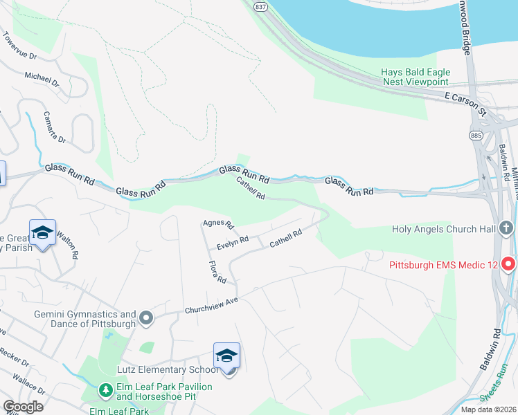 map of restaurants, bars, coffee shops, grocery stores, and more near 1703 Cathell Road in Pittsburgh