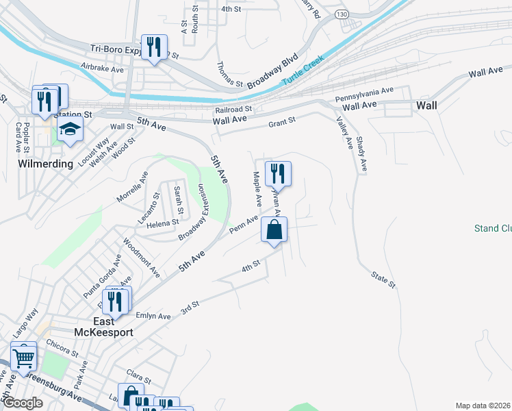 map of restaurants, bars, coffee shops, grocery stores, and more near 831 Maple Avenue in Allegheny County