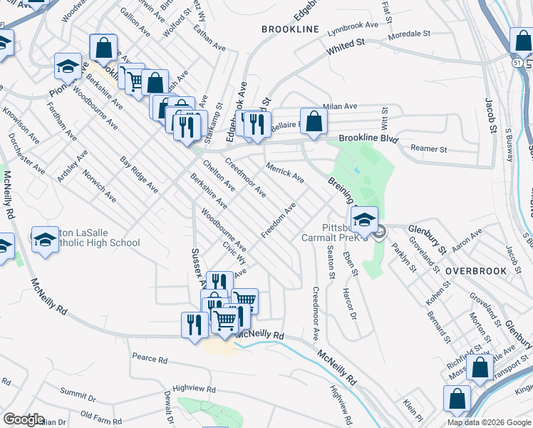 map of restaurants, bars, coffee shops, grocery stores, and more near 1301 Chelton Avenue in Pittsburgh