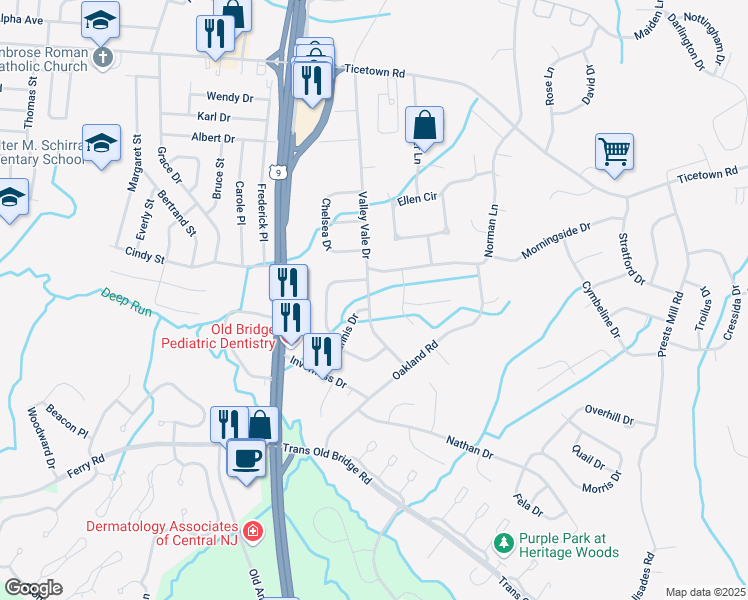 map of restaurants, bars, coffee shops, grocery stores, and more near 50 Valley Vale Drive in Old Bridge