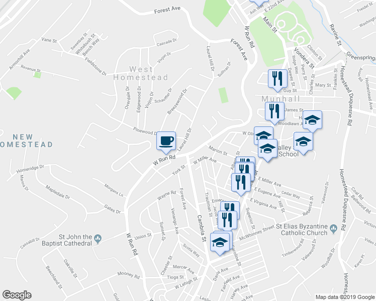 map of restaurants, bars, coffee shops, grocery stores, and more near 3326 West Run Road in Munhall