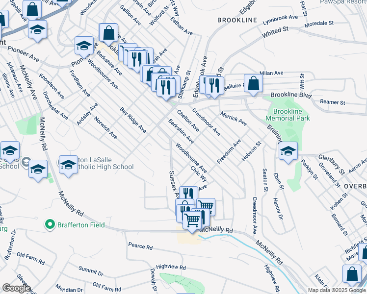 map of restaurants, bars, coffee shops, grocery stores, and more near 1133 Woodbourne Avenue in Pittsburgh