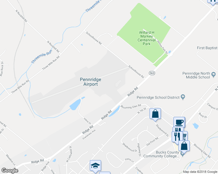 map of restaurants, bars, coffee shops, grocery stores, and more near 1100 North Ridge Road in Perkasie