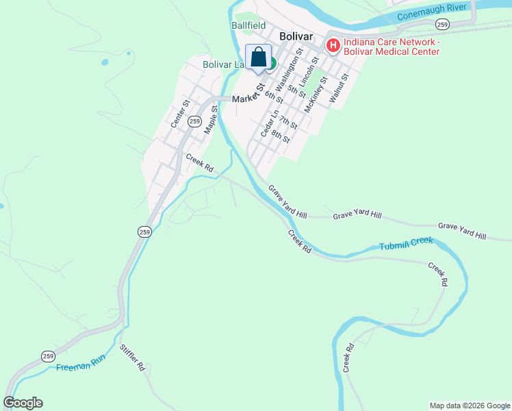 map of restaurants, bars, coffee shops, grocery stores, and more near 901 Creek Road in Bolivar