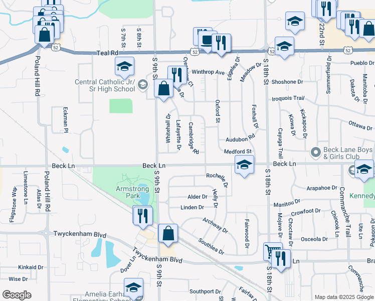 map of restaurants, bars, coffee shops, grocery stores, and more near 2552 Cambridge Rd in Lafayette