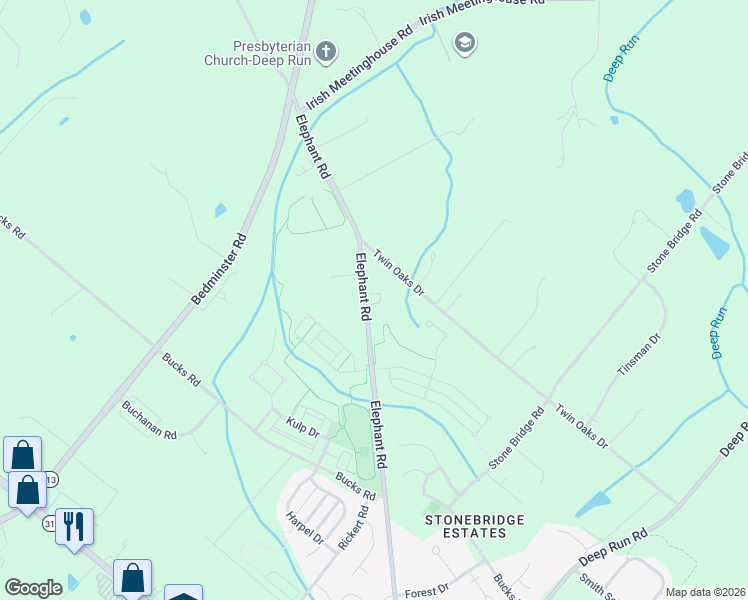 map of restaurants, bars, coffee shops, grocery stores, and more near 291 Elephant Road in Perkasie