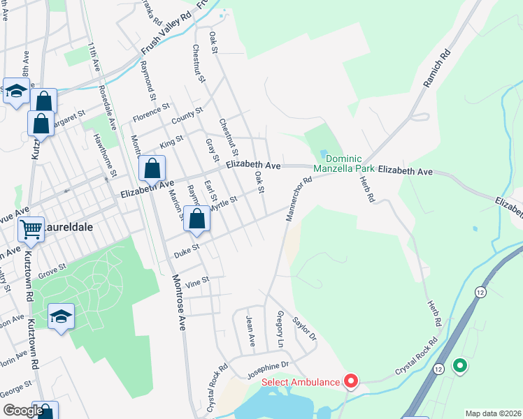 map of restaurants, bars, coffee shops, grocery stores, and more near 3204 Oak St in Laureldale