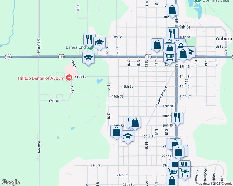 map of restaurants, bars, coffee shops, grocery stores, and more near 1520 P Street in Auburn