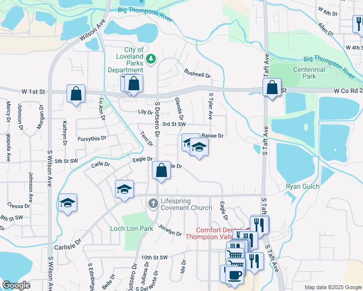 map of restaurants, bars, coffee shops, grocery stores, and more near 408 Glenda Drive in Loveland