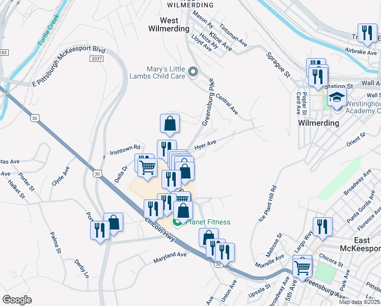 map of restaurants, bars, coffee shops, grocery stores, and more near 1806 Greensburg Avenue in North Versailles