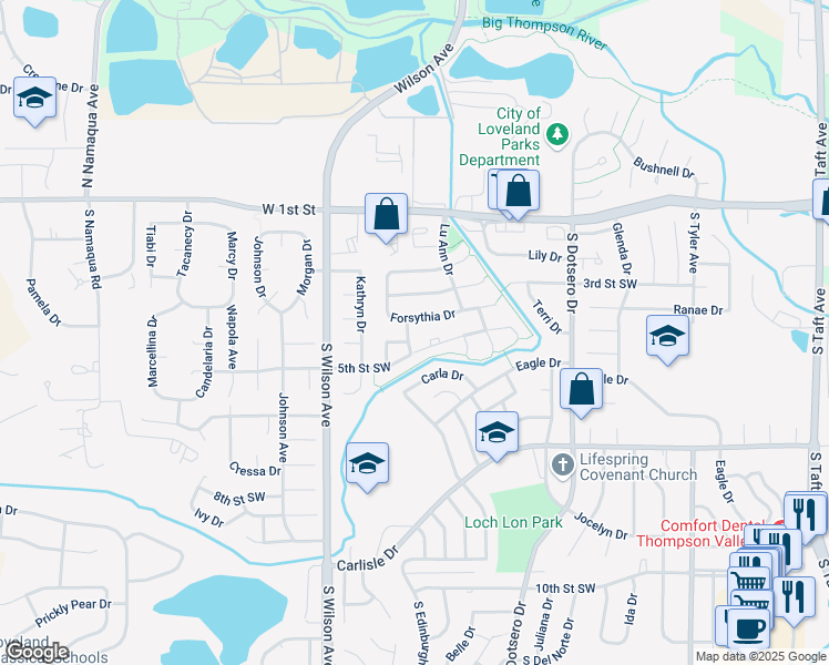 map of restaurants, bars, coffee shops, grocery stores, and more near 418 Anita Drive in Loveland