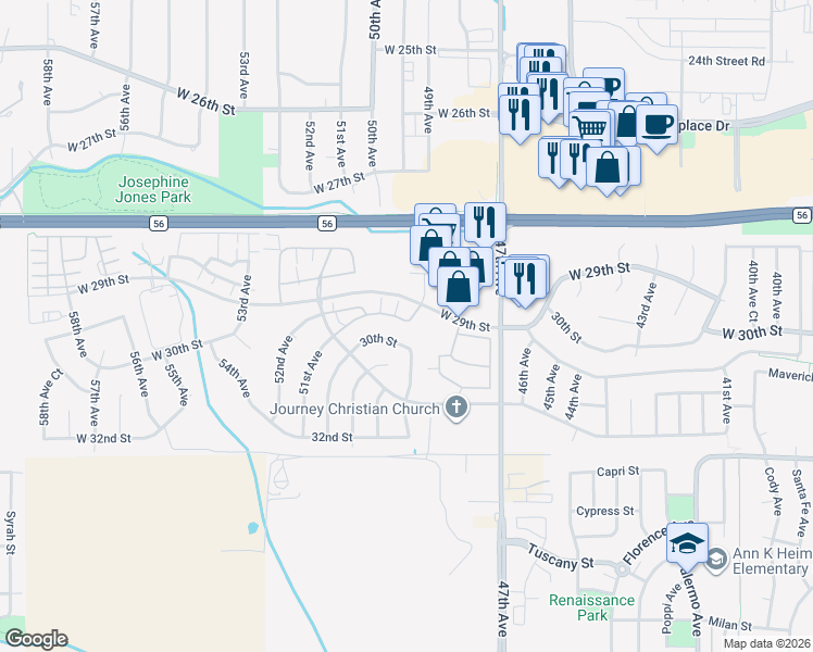 map of restaurants, bars, coffee shops, grocery stores, and more near 14c 29th Street in Greeley