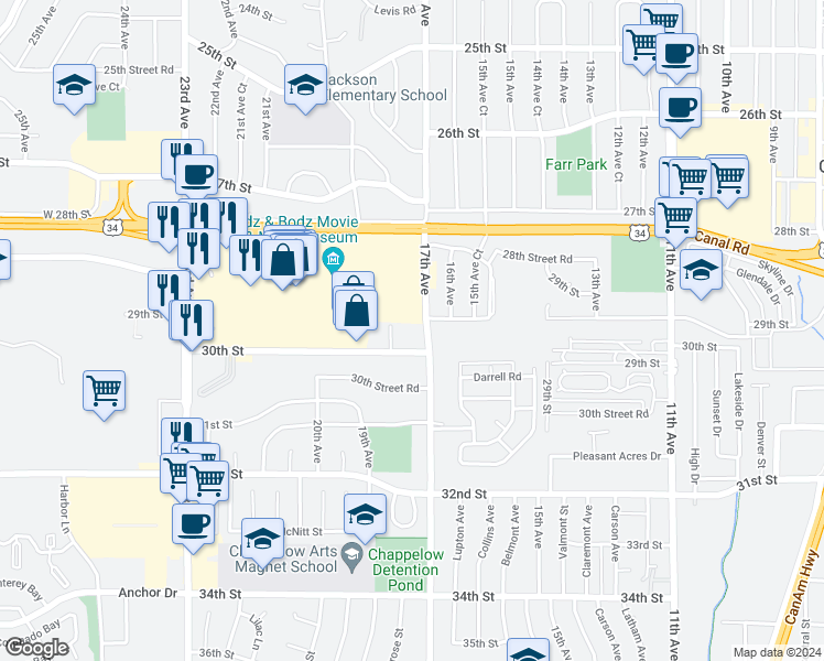 map of restaurants, bars, coffee shops, grocery stores, and more near 2831 28th Street in Greeley