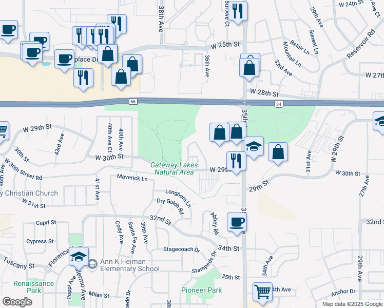 map of restaurants, bars, coffee shops, grocery stores, and more near 3613 West 29th Street in Greeley