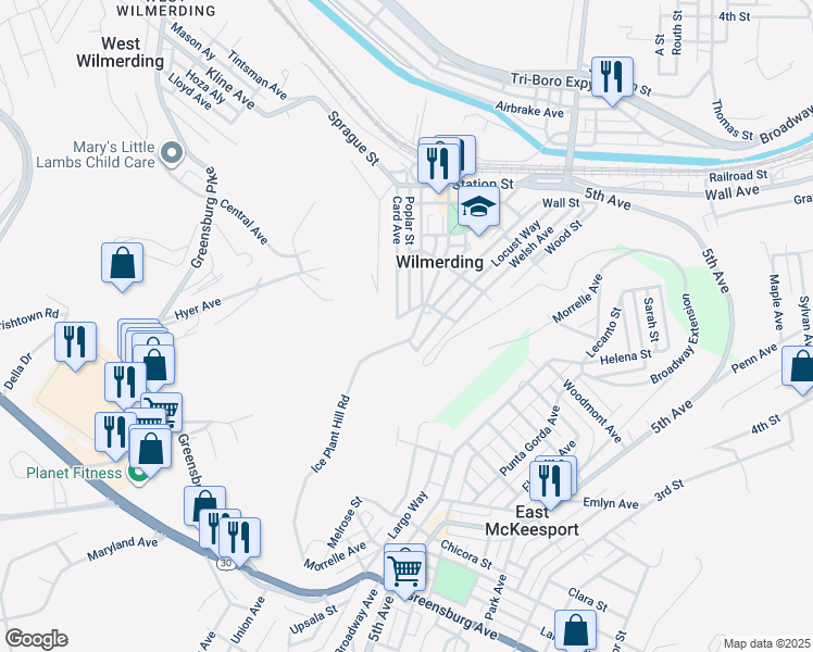map of restaurants, bars, coffee shops, grocery stores, and more near 450 Card Avenue in Wilmerding