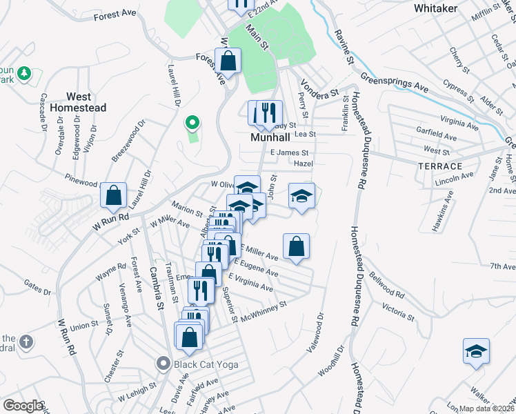 map of restaurants, bars, coffee shops, grocery stores, and more near 3015 Main Street in Munhall