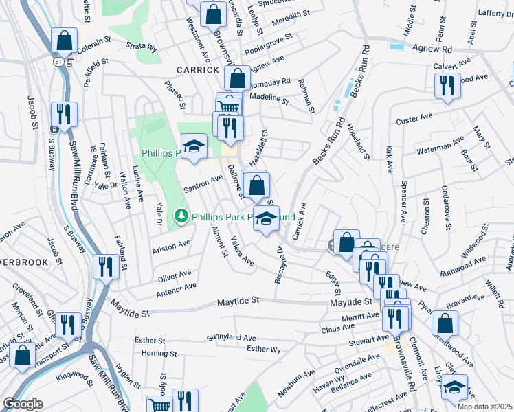 map of restaurants, bars, coffee shops, grocery stores, and more near 9 Overbrook Boulevard in Pittsburgh