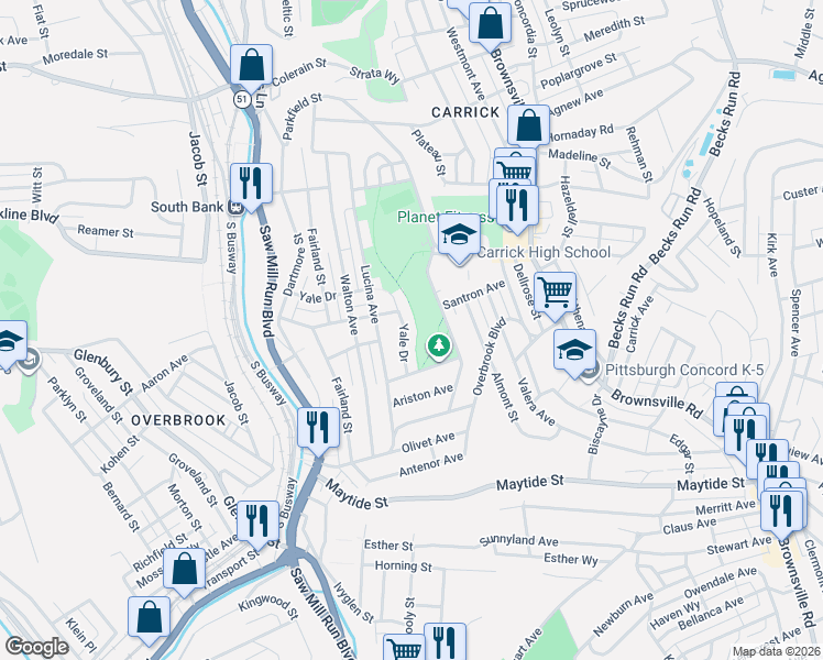 map of restaurants, bars, coffee shops, grocery stores, and more near 2214 Yale Drive in Pittsburgh