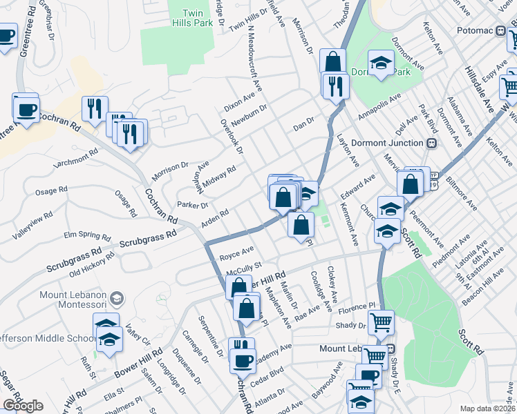 map of restaurants, bars, coffee shops, grocery stores, and more near 131 Marlin Drive East in Pittsburgh