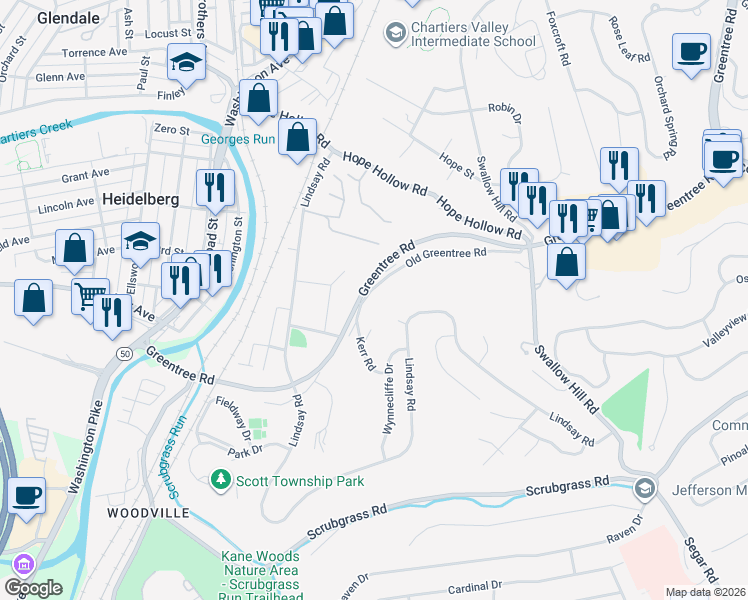 map of restaurants, bars, coffee shops, grocery stores, and more near 2445 Old Greentree Road in Carnegie